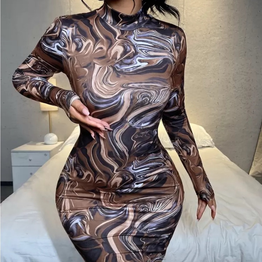 SHEIN Brown and Black Mock Neck Bodycon Dress